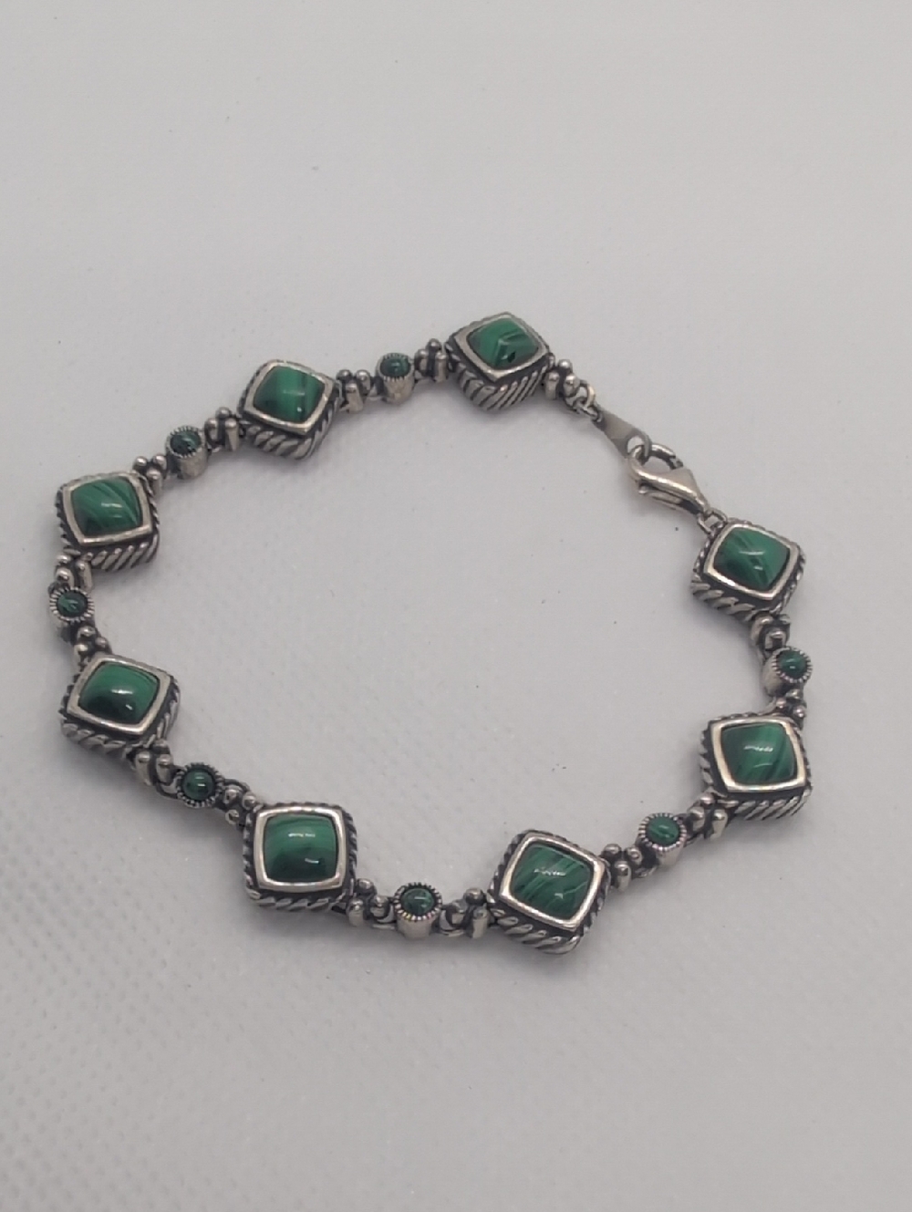 Vintage Malachite Green Stone Silver-Tone Link Bracelet - Women Jewelry